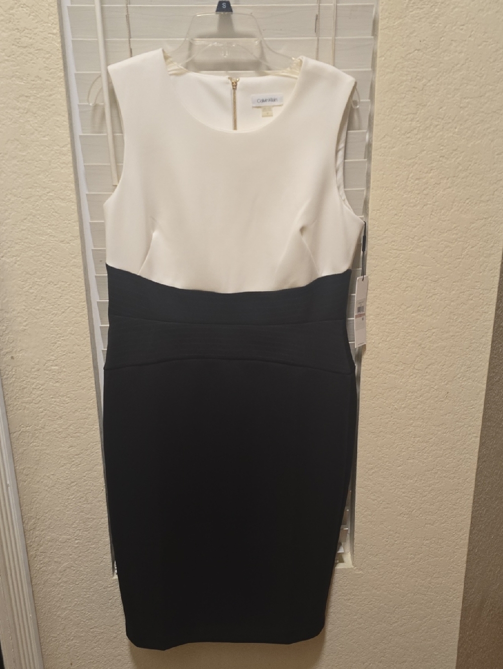 Calvin Klein Two-Tone Sleeveless Sheath Dress in White and Black